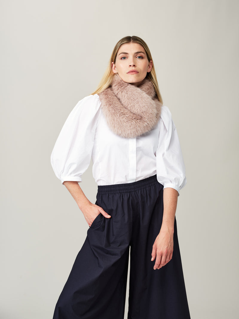 Model wearing Quartz faux fur Coco scarf by Helen Moore