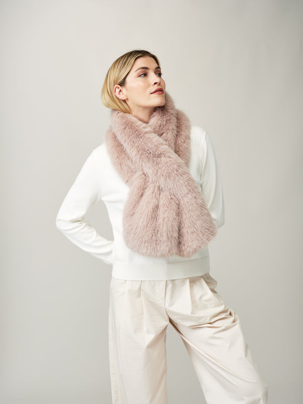 Luxurious faux fur scarf with velvet lining, slip-through design, crafted in England by Helen Moore