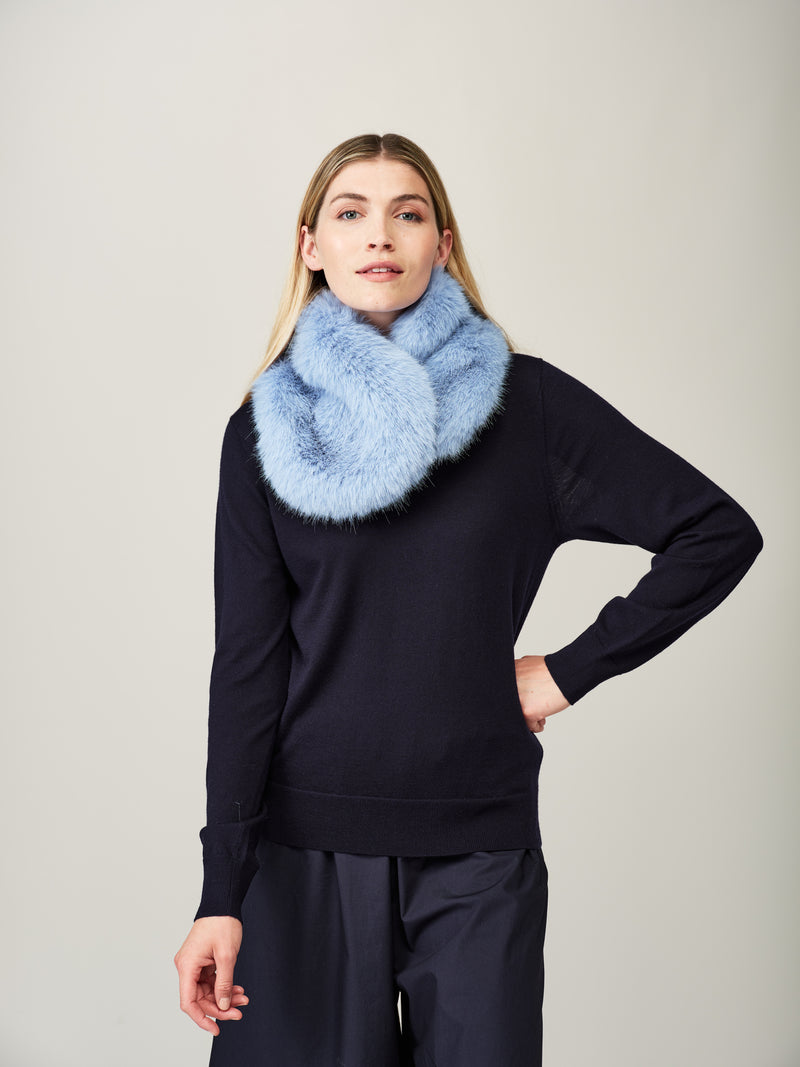 Model wearing Sky Blue faux fur Coco scarf by Helen Moore