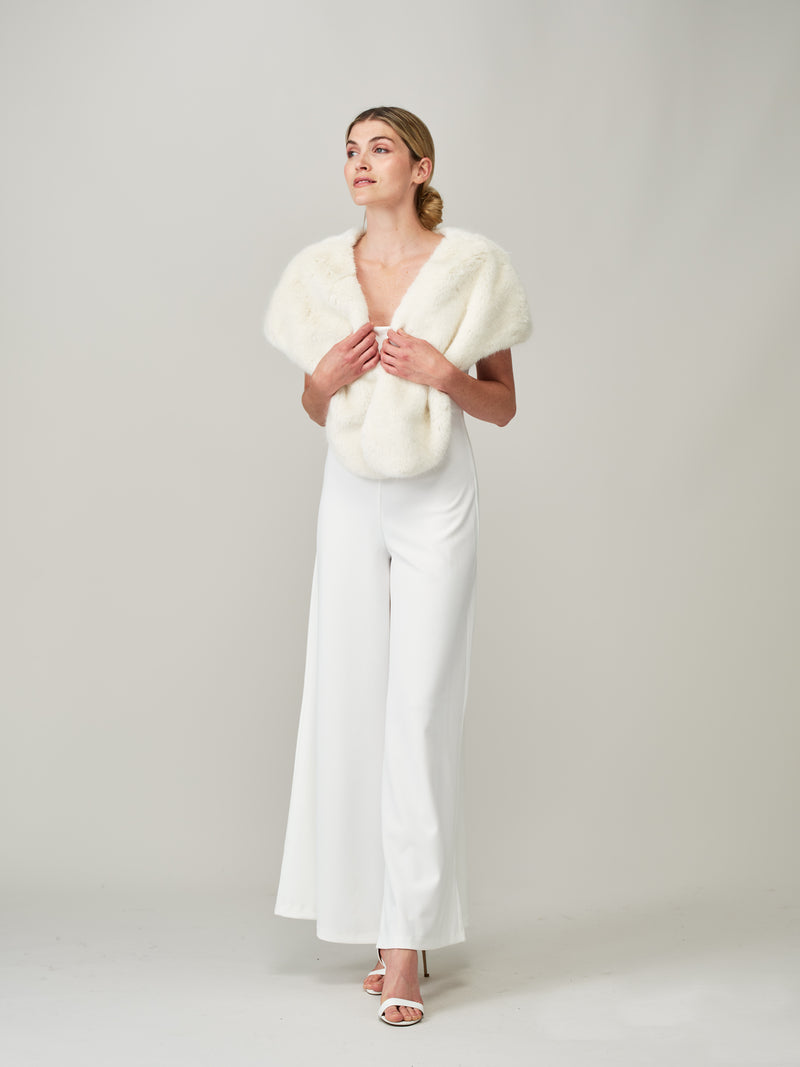 Model wearing Ermine Cream faux fur vintage bridal wrap by Helen Moore