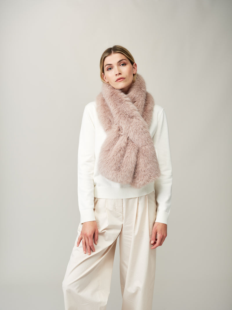 Model wearing the Quartz faux fur Luxe scarf by Helen Moore