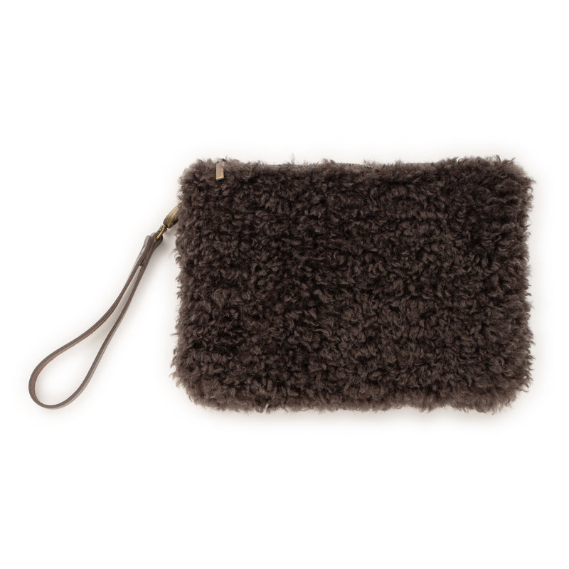  Charcoal faux sheepskin clutch bag with leather wrist strap by Helen Moore. 