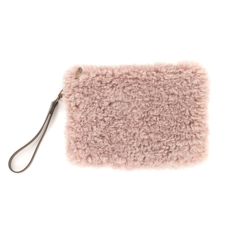 Rose pink faux sheepskin clutch bag with leather wrist strap by Helen Moore