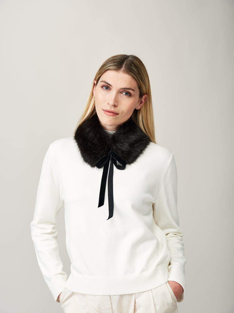 Model wearing the Diana Collar in Jet Black faux fur by Helen Moore