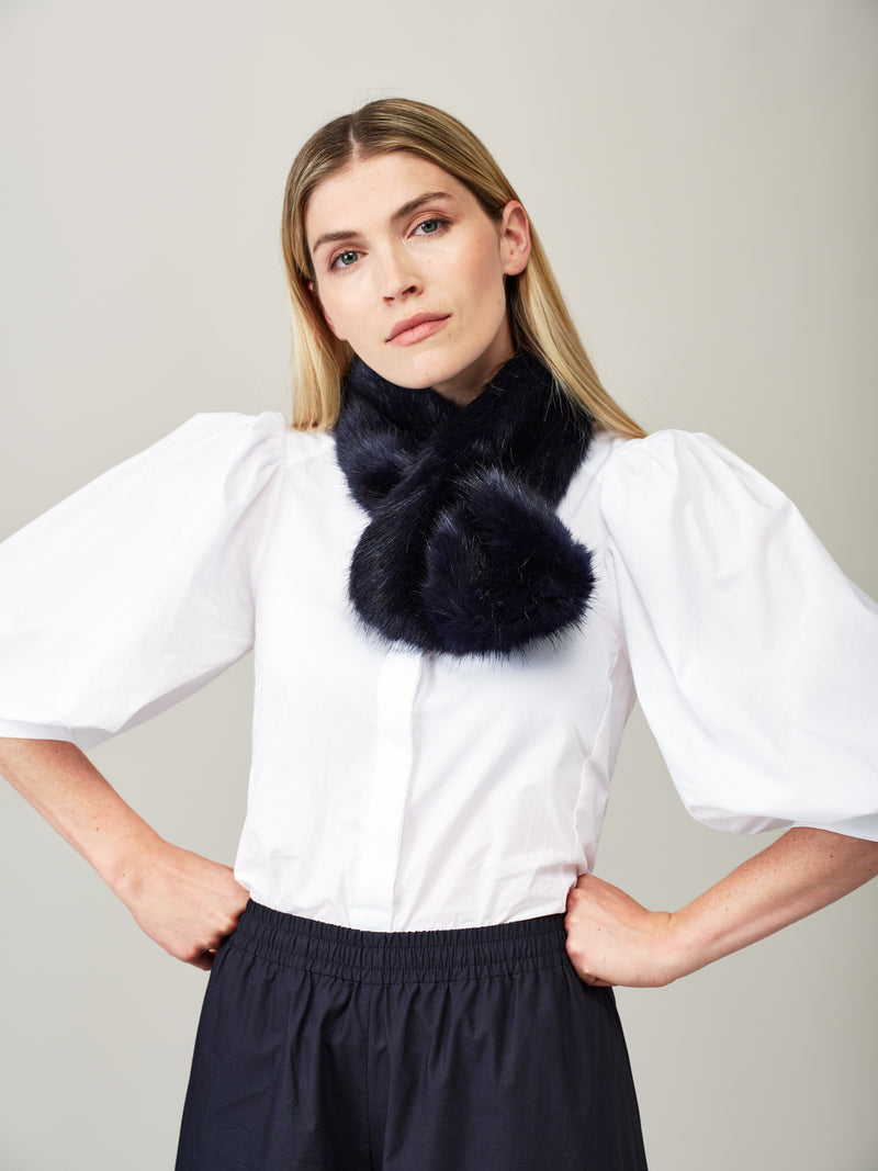 Model wearing the Midnight blue faux fur Tiptop Scarf by Helen Moore