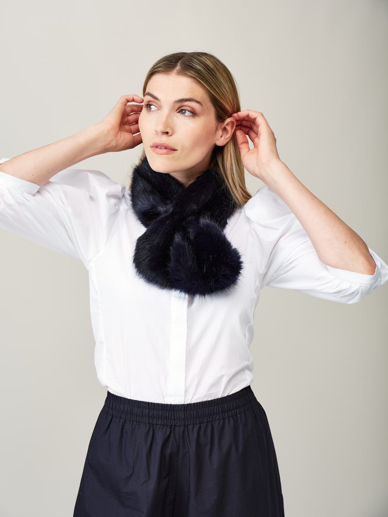 Model wearing the Midnight blue faux fur Tiptop Scarf by Helen Moore