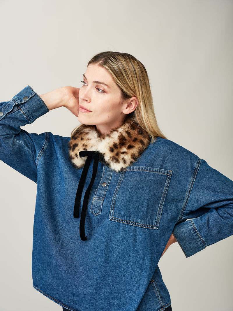 Model wearing the Diana Collar in Ocelot faux fur by Helen Moore