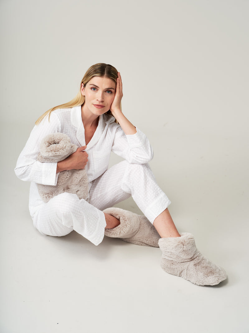 Model wearing Mist Cloud faux fur Slipper Boots by Helen Moore