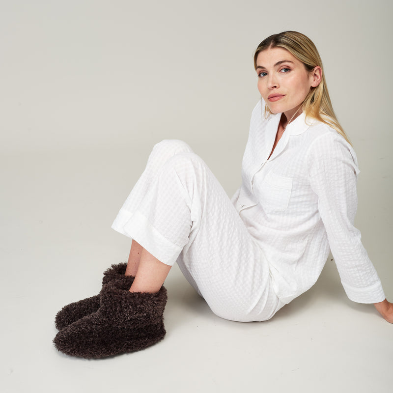 Model wearing Charcoal faux sheepskin Slipper Boots by Helen Moore