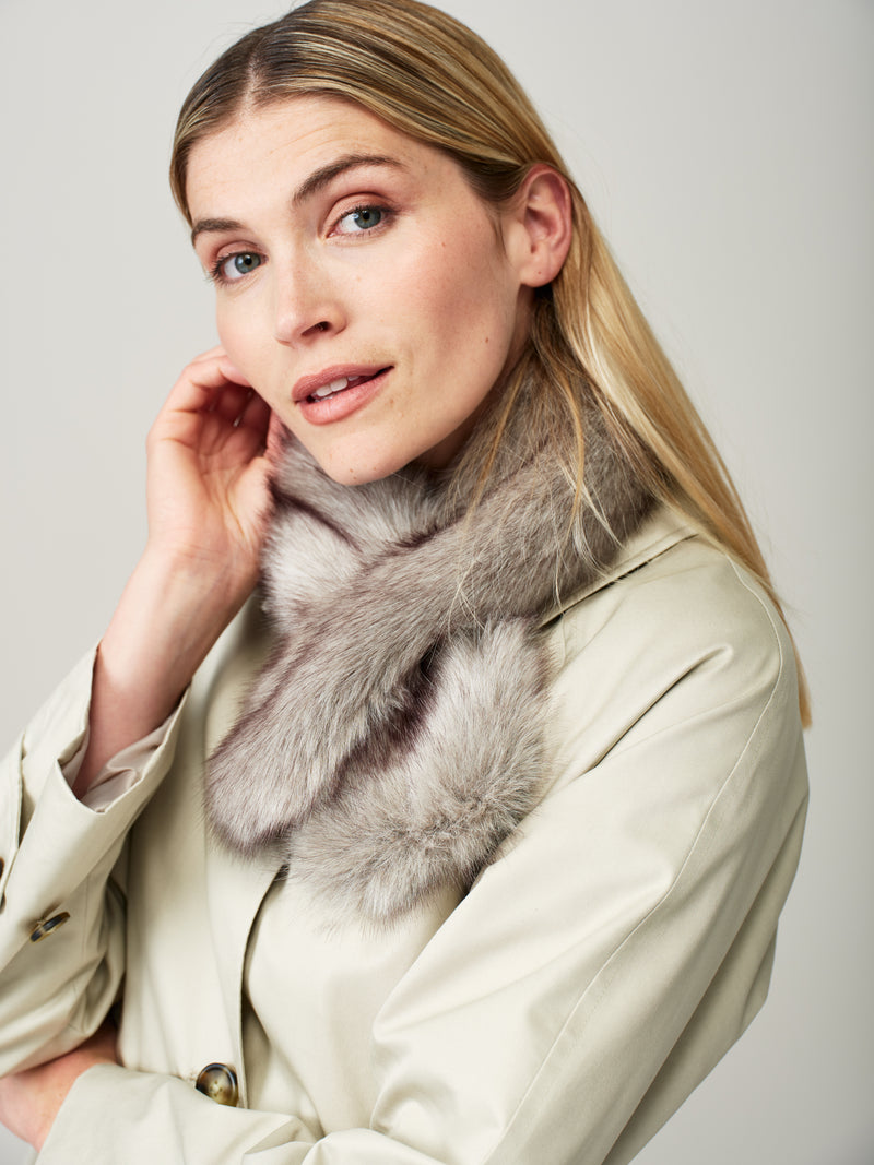 Model wearing the Earl Grey faux fur Tiptop Scarf by Helen Moore