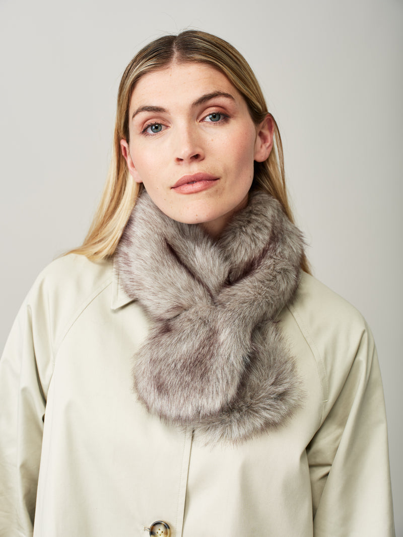 Model wearing the Earl Grey faux fur Tiptop Scarf by Helen Moore