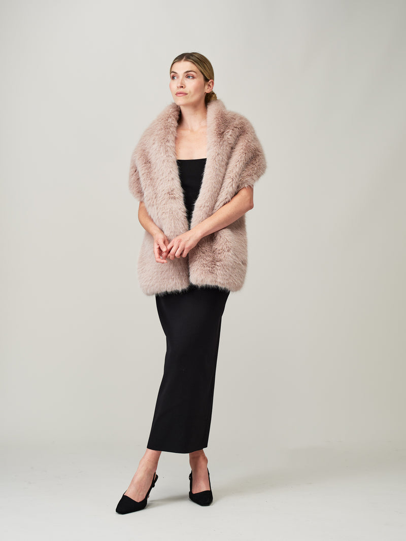 Model wearing a Quartz faux fur stole by Helen Moore