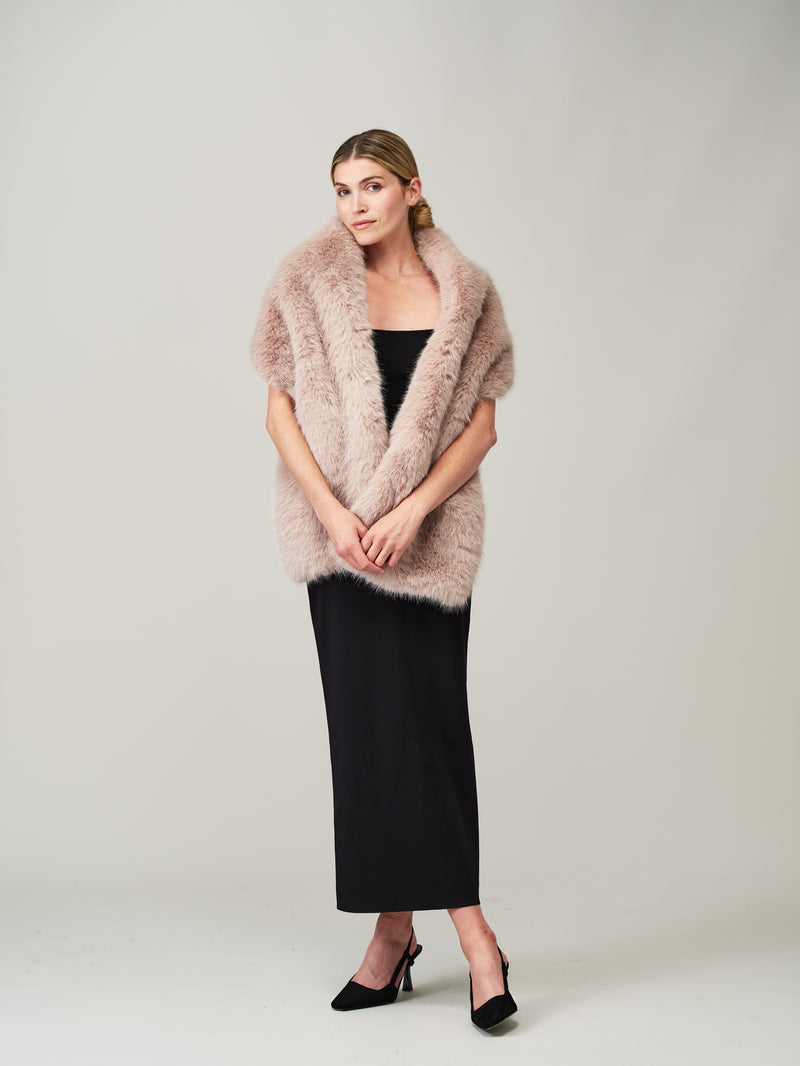 Model wearing a Quartz faux fur stole by Helen Moore