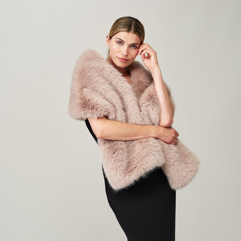 Model wearing a Quartz faux fur stole by Helen Moore