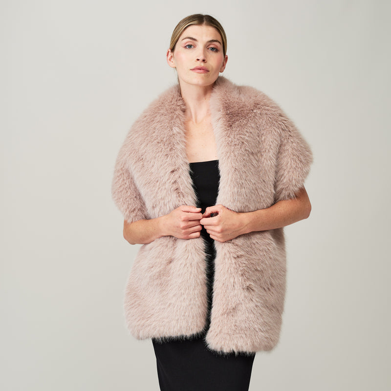 Model wearing a Quartz faux fur stole by Helen Moore